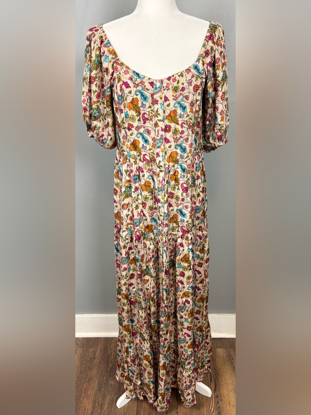 Natural Life Floral Satiny Flowy Stretchy Smocked Tiered Button Down Maxi Dress - Picture 8 of 12